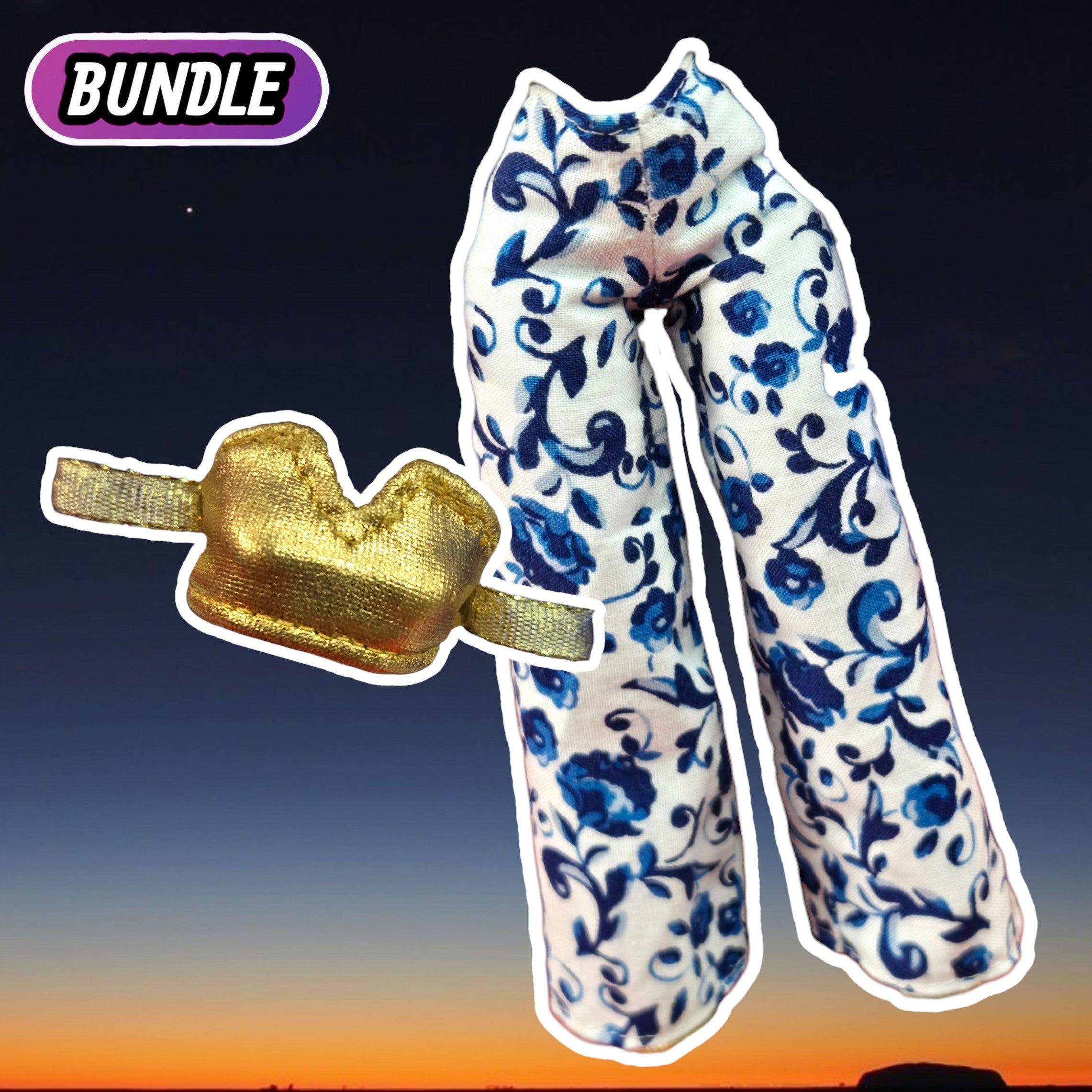 MelodyPanic Creations doll outfit set with blue and white floral trousers and a metallic gold crop top.